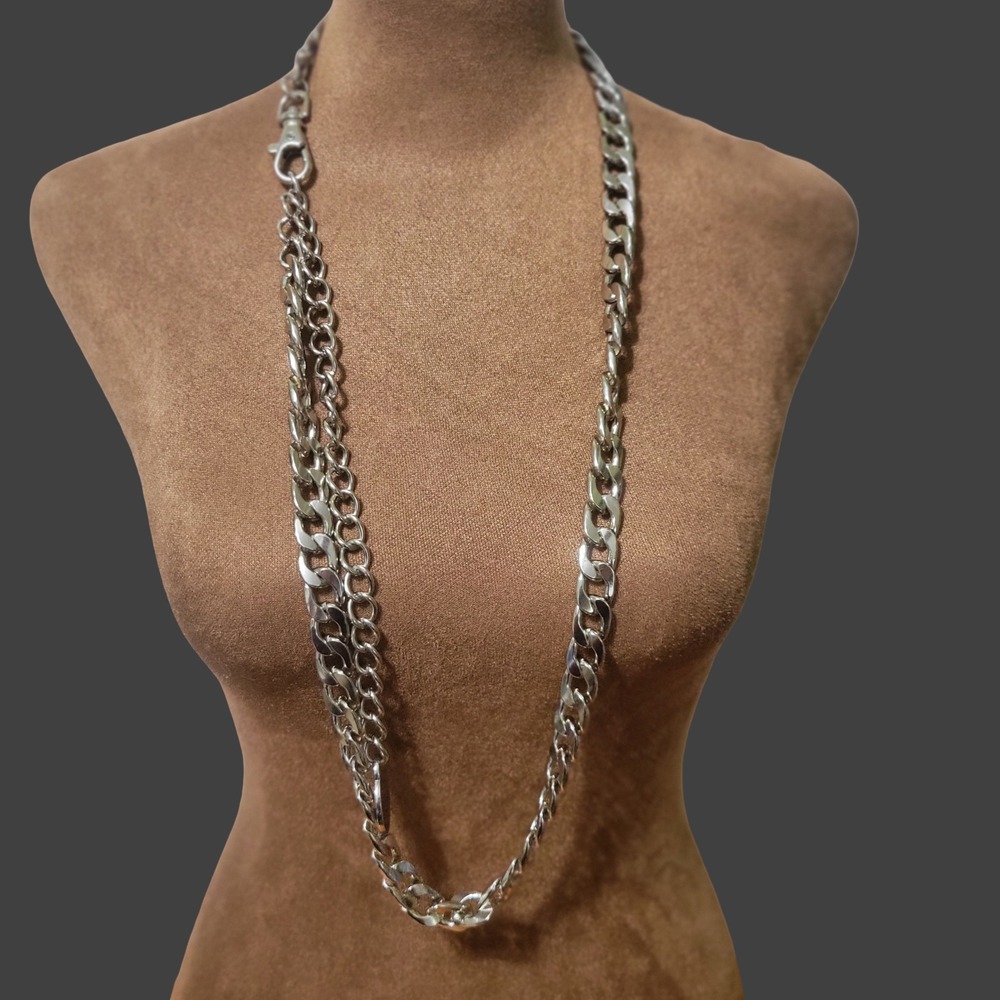 Chunky Silver Tone Multi Link Chain Necklace 34‎ Inch Hefty Grunge Y2K
